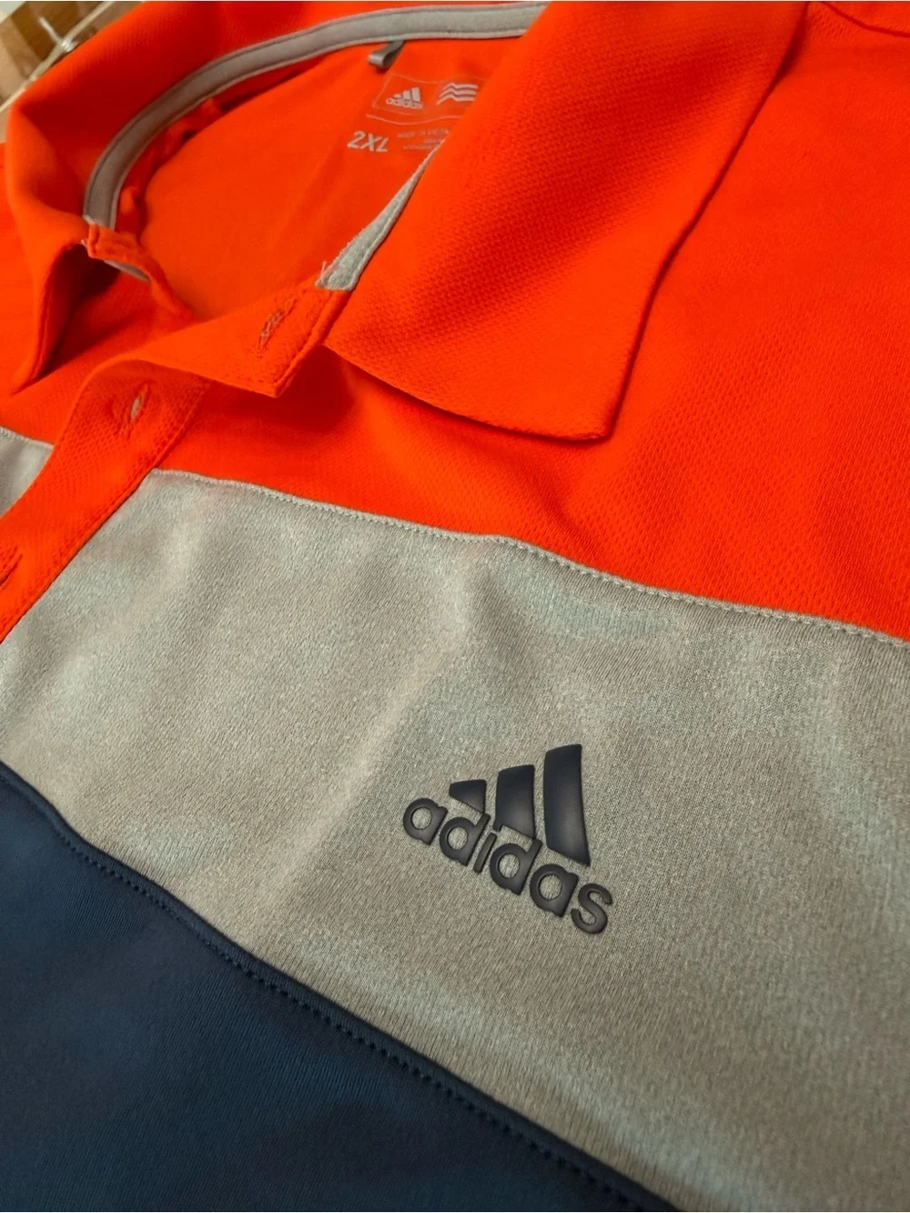 Adidas Golf Polo Shirt Men 2XL Orange Navy Colorblock Performance Stretch